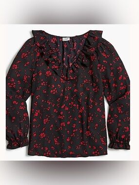J. Crew Black and Red Floral V-Neck Ruffle Blouse Long Sleeve Shirt Size XXL NWT